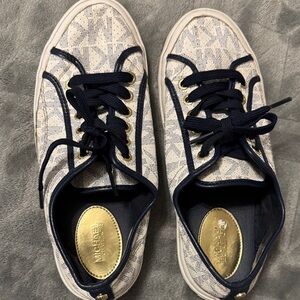 Michael Kors Boerum Logo Leather-Trimmed white and Navy Lace-Up Sneakers